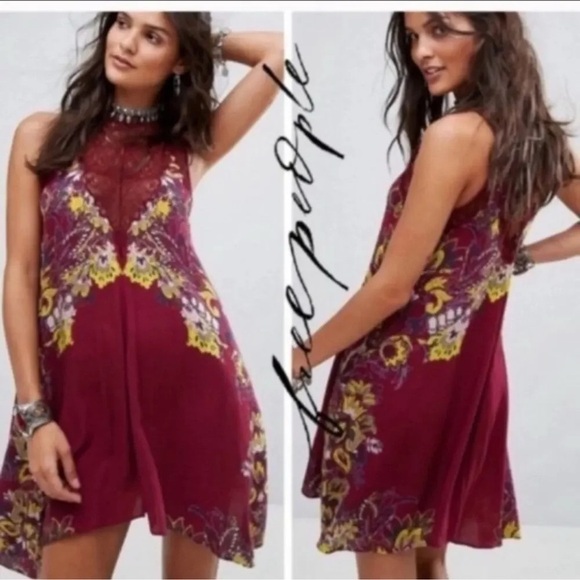 Free People Burgundy Marsha Floral Lace Mini Dress XS - Picture 2 of 9